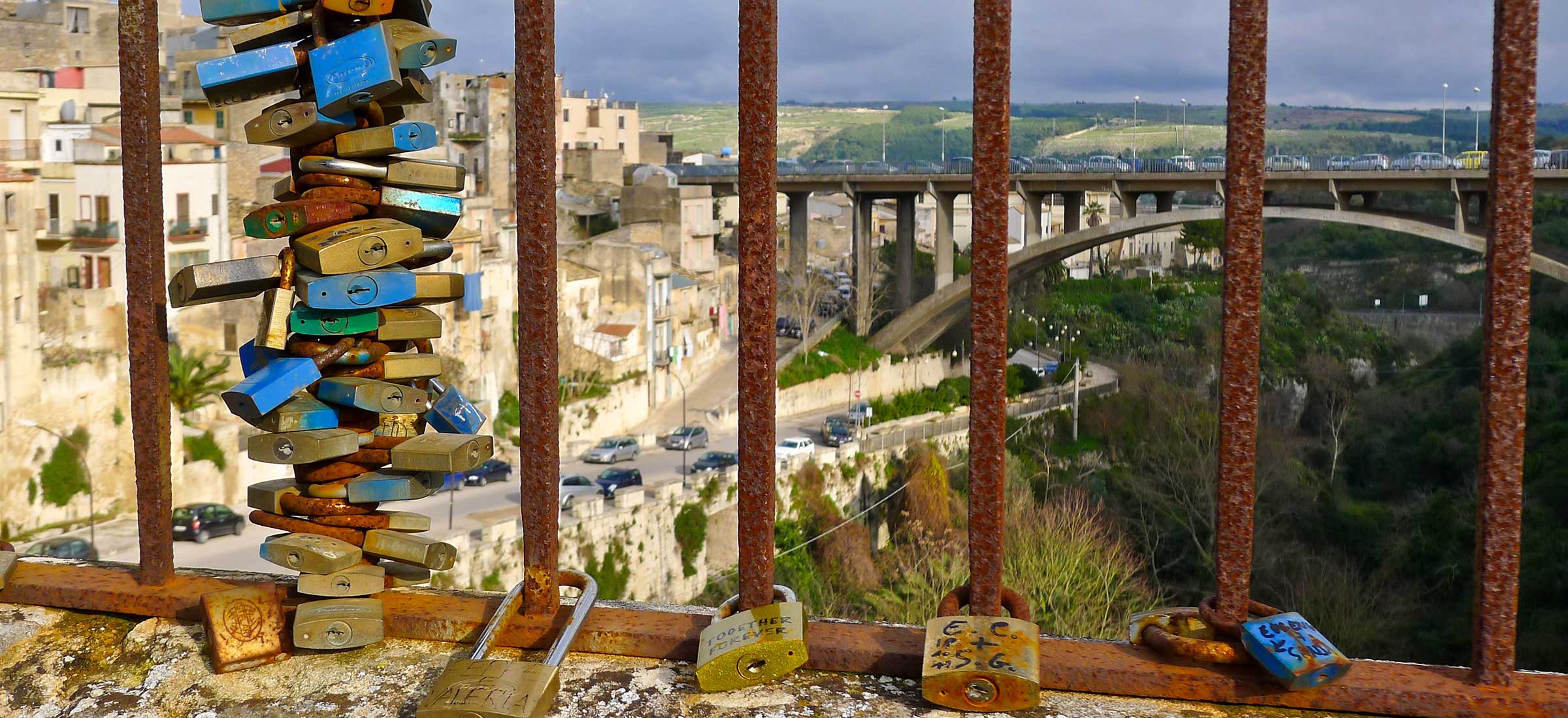 Love locks on Ragusa Sicily bridge.